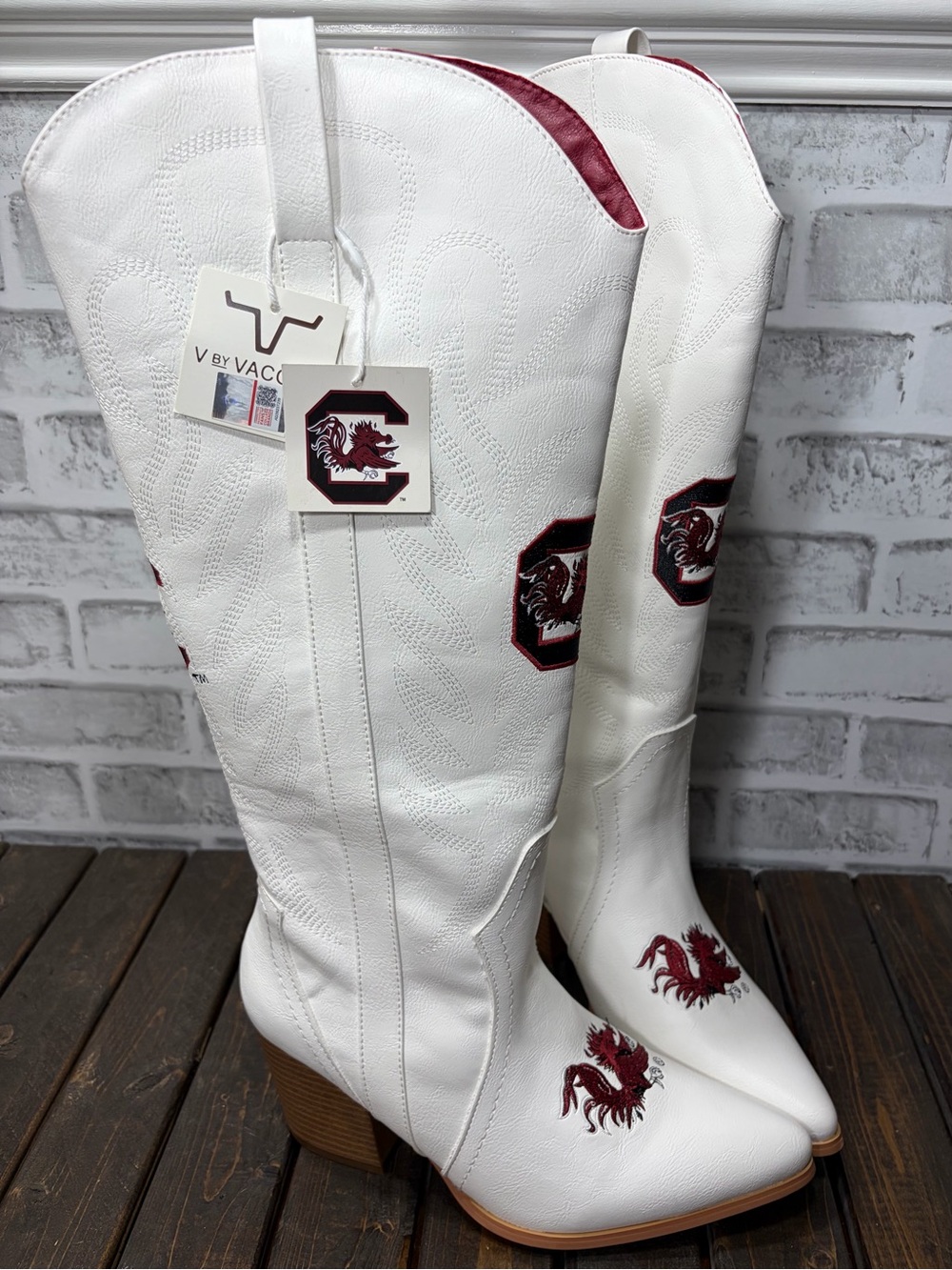 South Carolina Gamecocks Vaccari Blair Western Knee Boots 9.5 White Garnet NWT